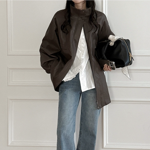 韩国代购大码女装2026靓丽冬装新款翻领拉链时尚PU皮中款外套特87