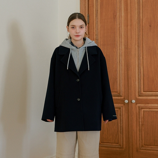 韩国代购大码女装2025靓丽冬装新款连帽配色假两件气质羊绒大衣