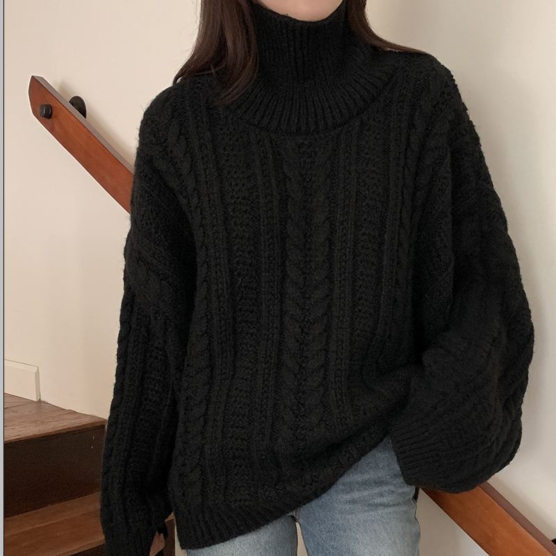 韩国代购大码女装2025靓丽冬装新款高领显瘦套头麻花辫针织毛衣特
