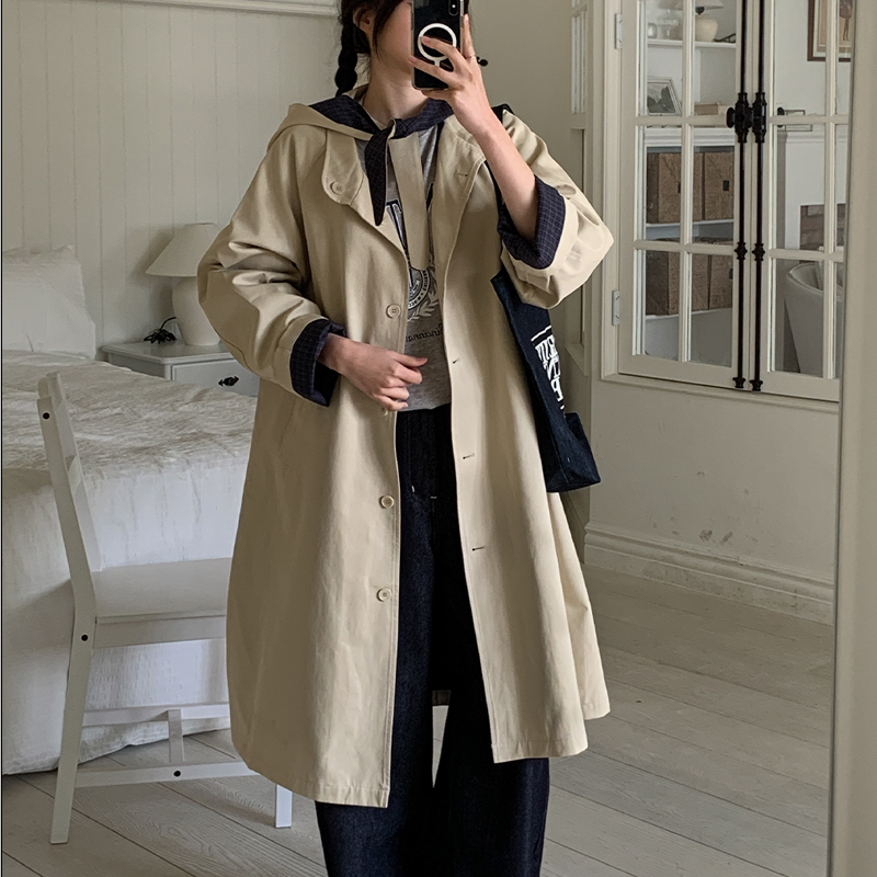 韩国大码代购女装2025靓丽冬装新款立领系扣宽松帽子休闲风衣外套