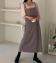 韓國大碼代購春季女裝2022新款系帶方形領顯瘦簡潔后系帶連衣裙特