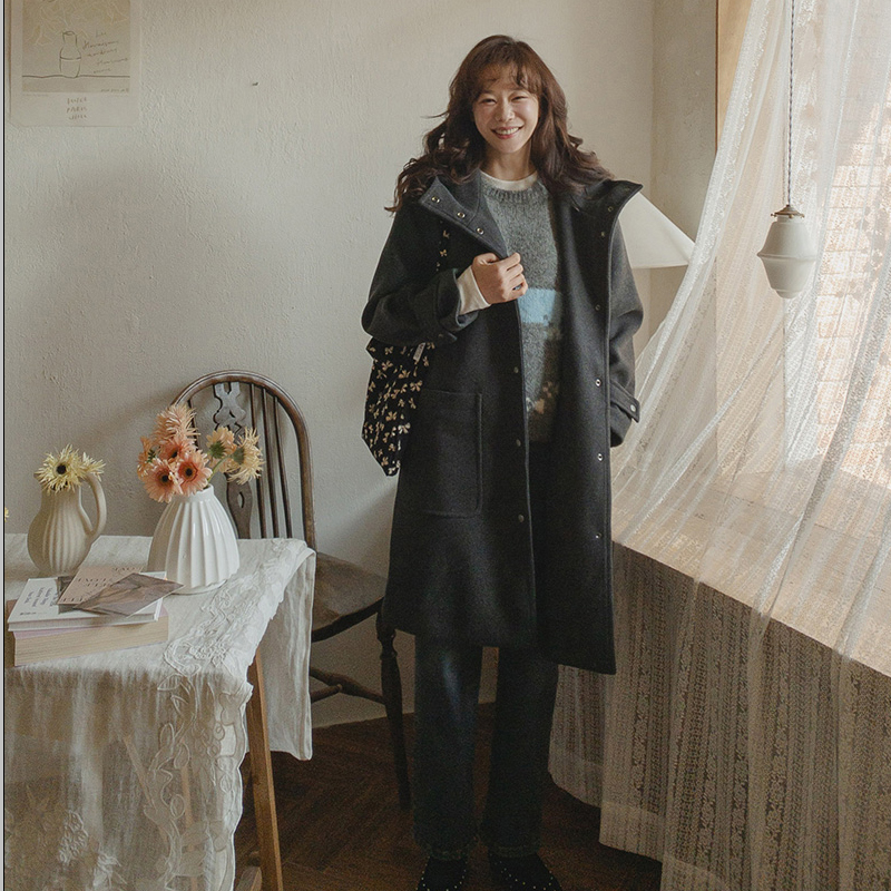 韩国代购大码女装2025靓丽冬装新款连帽系扣时尚宽松羊绒休闲外套