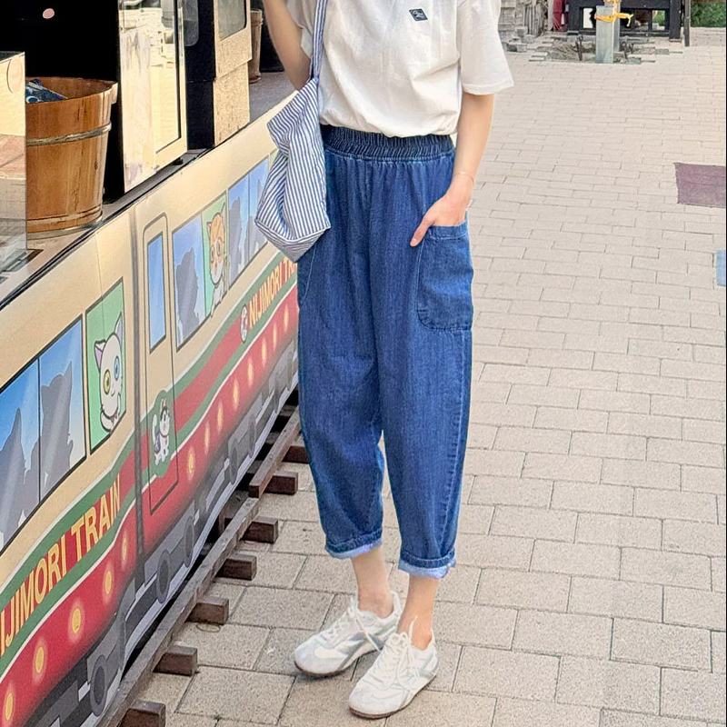韩国代购大码女装2026靓丽夏装新款松紧腰小直筒口袋牛仔9分裤10
