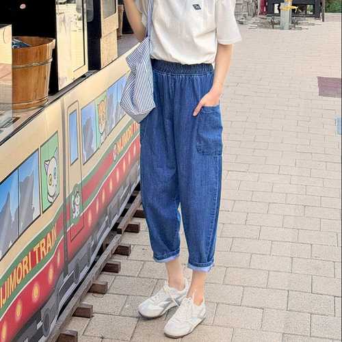 韩国代购大码女装2026靓丽夏装新款松紧腰小直筒口袋牛仔9分裤10