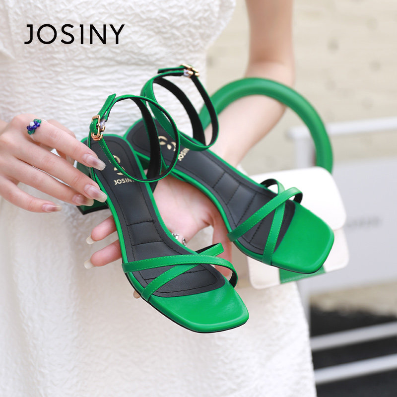 卓诗尼女凉鞋夏季新款纯色方头交叉带一字带露趾中粗跟时装高跟鞋,女鞋,一字带凉鞋,淘宝优惠券,粉丝福利购,淘宝优惠卷