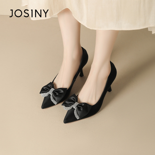 春秋尖头细跟钻饰缎面蝴蝶结气质晚宴高跟鞋 卓诗尼女单鞋 撤柜正品