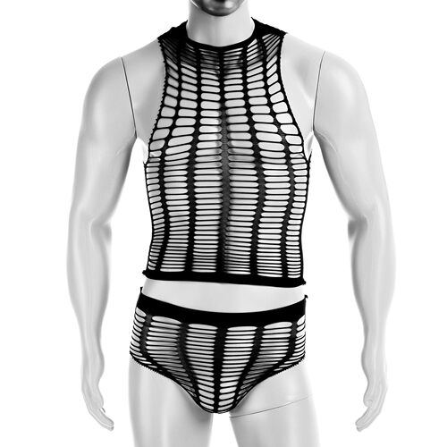 男士性感透视渔网塑身套装