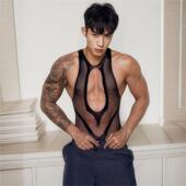 男士 连体袜镂空网衣 内衣透明诱惑性感丝袜连体衣渔网丝袜黑色个性