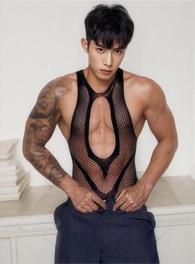 男士内衣透明诱惑性感丝袜连体衣渔网丝袜黑色个性连体袜镂空网衣