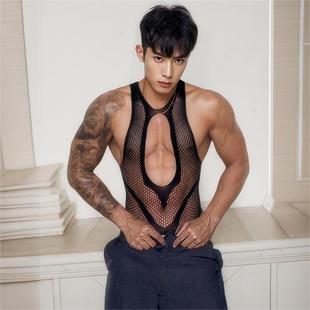 男士内衣透明诱惑性感丝袜连体衣渔网丝袜黑色个性连体袜镂空网衣