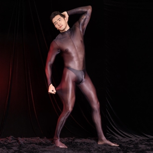 男士塑身连体衣超薄款性感全身马油亮开档紧身衣青年男生打底睡衣