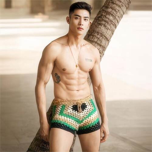 欧美性感镂空针织短裤彩色男士