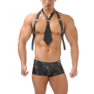 性感男士朋克风金属环肩带胸带角色扮演平角裤夜店黑色仿皮内裤潮