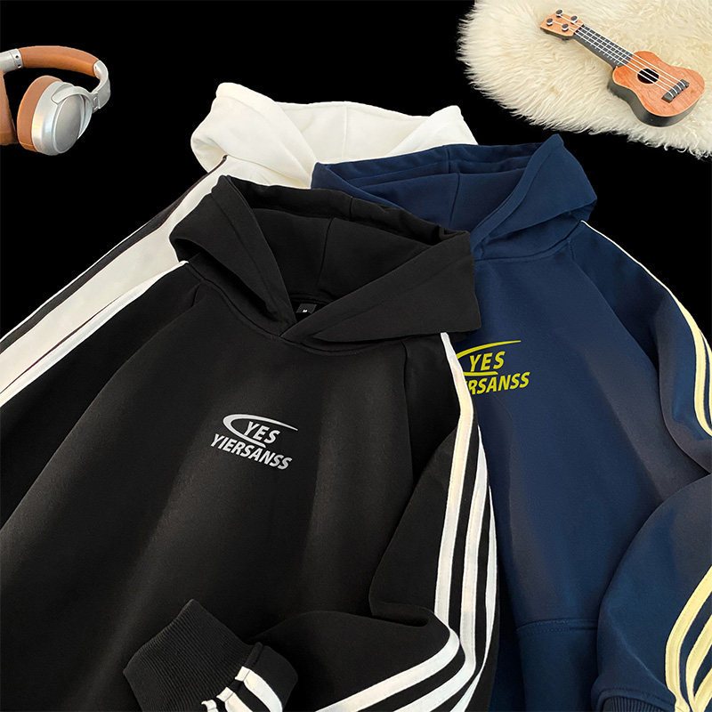 直播得物抖音品质宽松三条杠连帽卫衣外套W7222P55加绒P60，男装卫衣，电商C408-1(原B339-1)