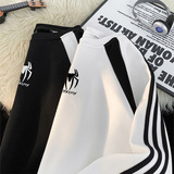 美式潮牌抖音直播三条杠拼接织带圆领宽松男卫衣W2408P45加绒50，男装卫衣，电商C408-1(原B339-1)