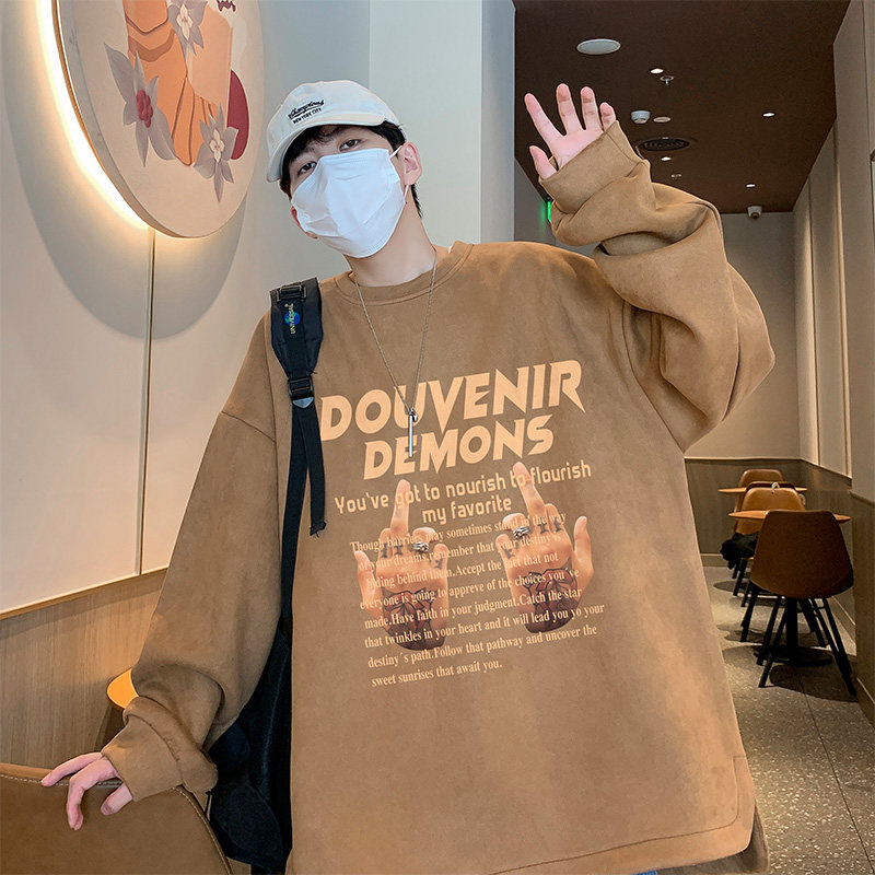 新款抖音直播得物高品质麂皮绒圆角开叉宽松男卫衣W3041P45图片