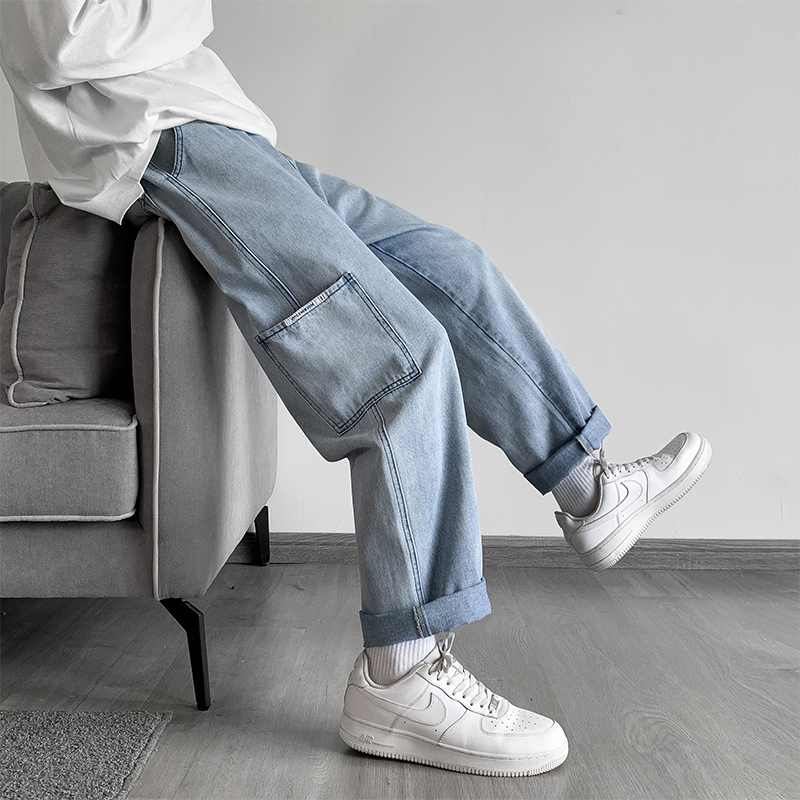 Hong Kong style sofa fashion brand Multi Pocket clear color loose straight tube wide leg men's casual neutral jeans