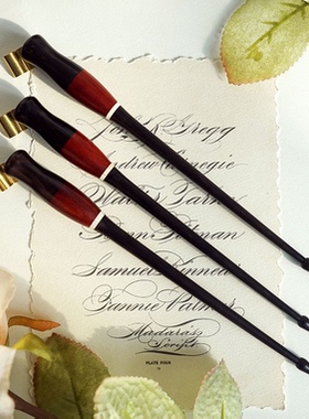 结衣英文书法笔红色复古实木拼接斜杆圆体花体ERES木杆蘸水笔杆