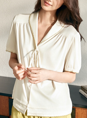 郁Y53307凡诗女士夏季短袖睡衣V领开衫家居服八分裤柔软甜美睡衣