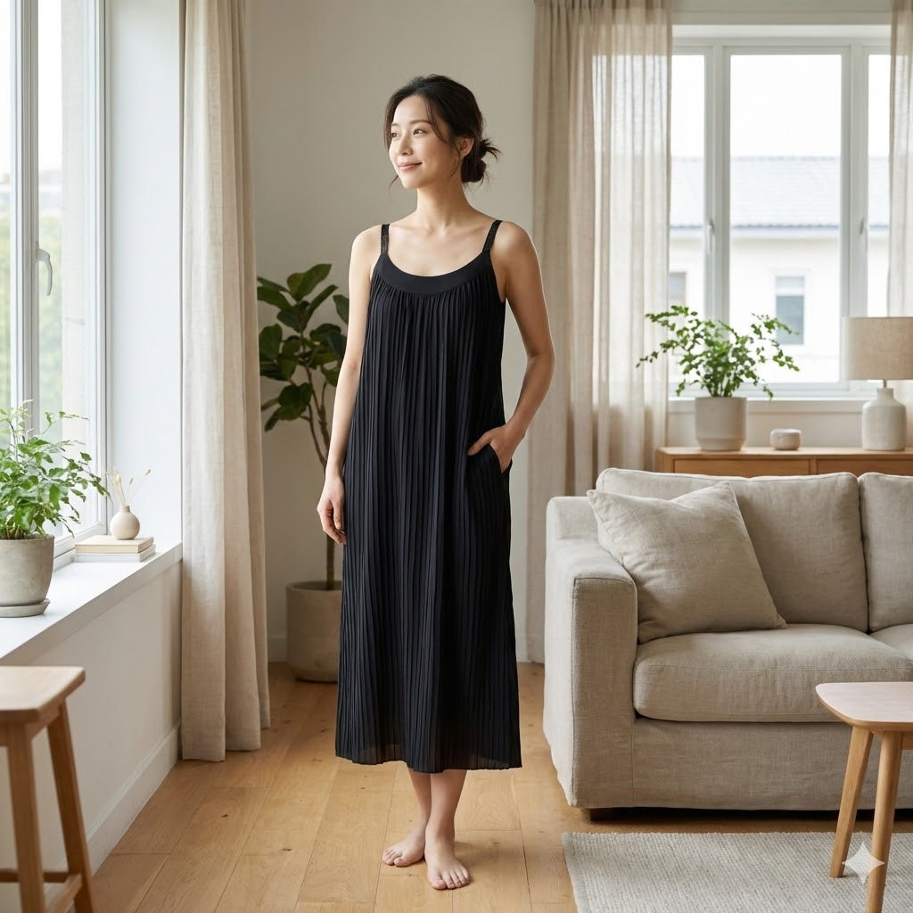 夏季法式冰感褶皱三宅风女神吊带背心长裙宽松廓形有胸垫家居睡裙