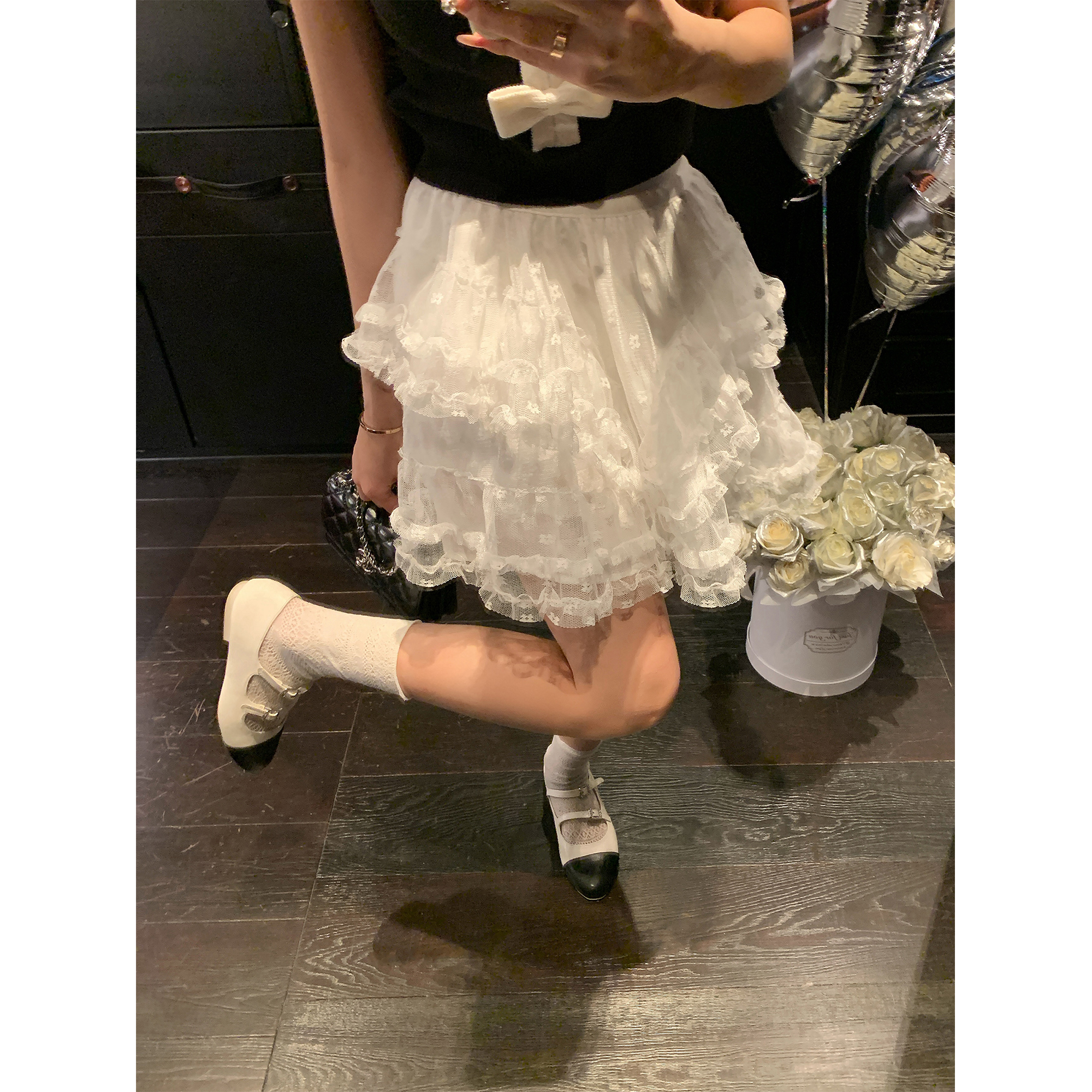 夏天家甜美不规则蕾丝花边半身裙拼接网纱蛋糕裙女白色夏季短裙子