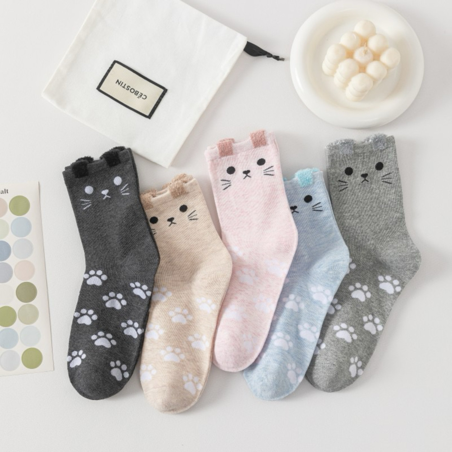 袜子女可爱堆堆筒卡通无骨中筒精梳吸汗棉袜猫咪立体袜韩版女袜长