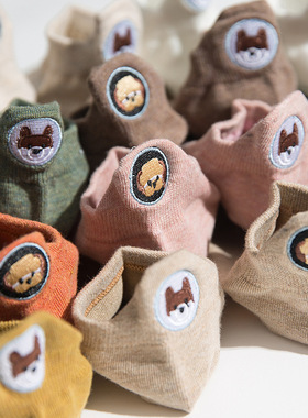 AB袜子春夏新款刺绣后跟狗狗船袜左右脚个性女短袜日系卡通糖果色