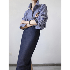 yans  设计感显瘦 通勤百搭宽松条纹衬衫 男友风基础款长袖衬衣