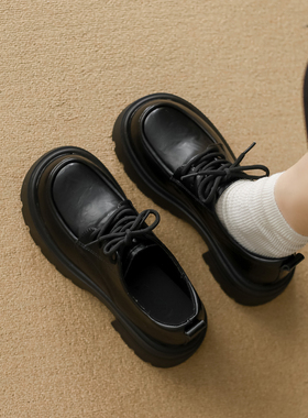 真皮乐福鞋女系带绑带厚底黑色春秋英伦风小皮鞋女2026新款单鞋女