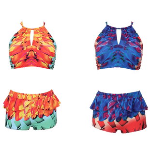 舒漫泳衣新品女三件套小香风性感比坚尼裙式罩衫小胸分体泳装蓝色