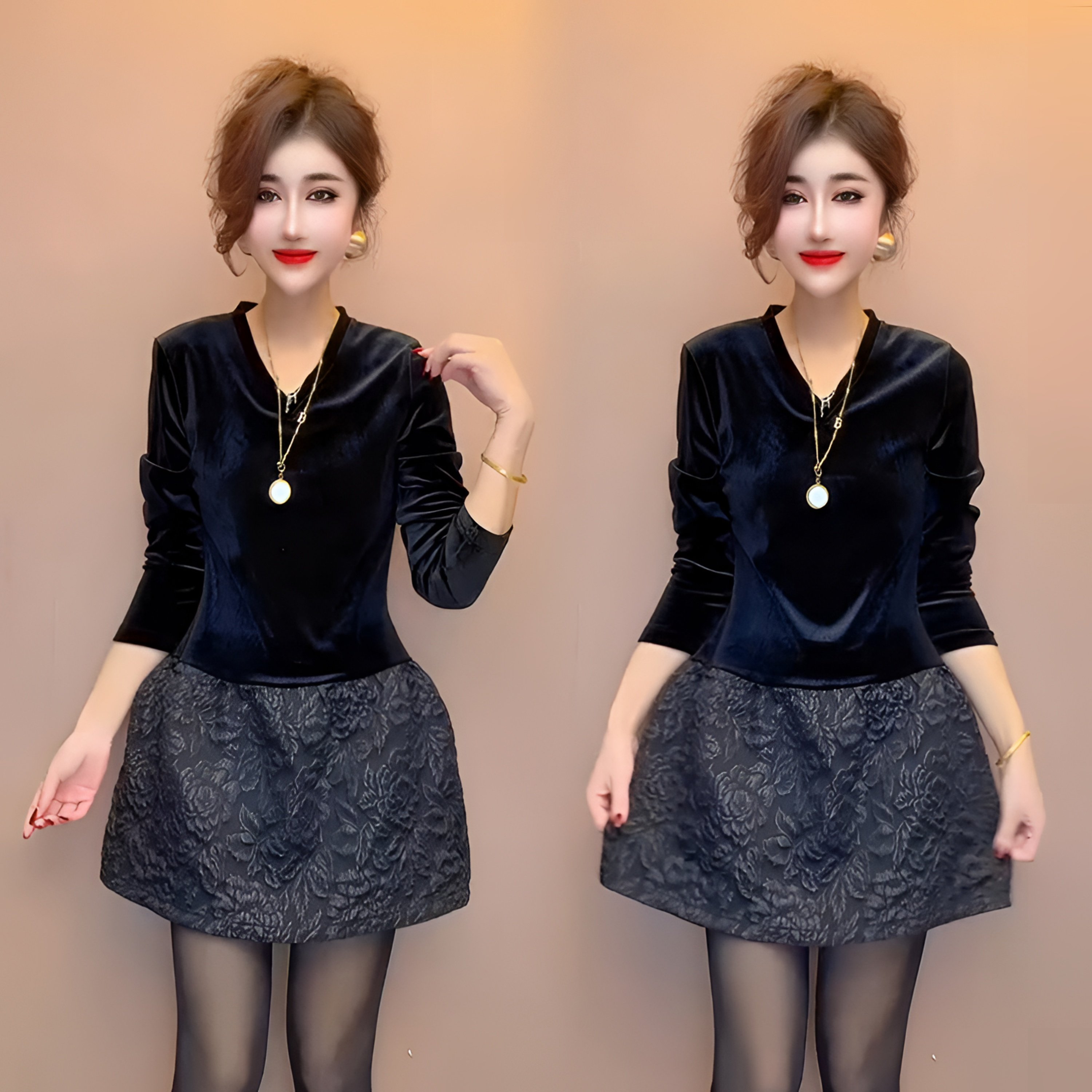 名媛气质丝绒连衣裙女2026春季新款V领拼接提花修身显瘦减龄中裙,女装/女士精品,连衣裙,淘宝优惠券,粉丝福利购,淘宝优惠卷