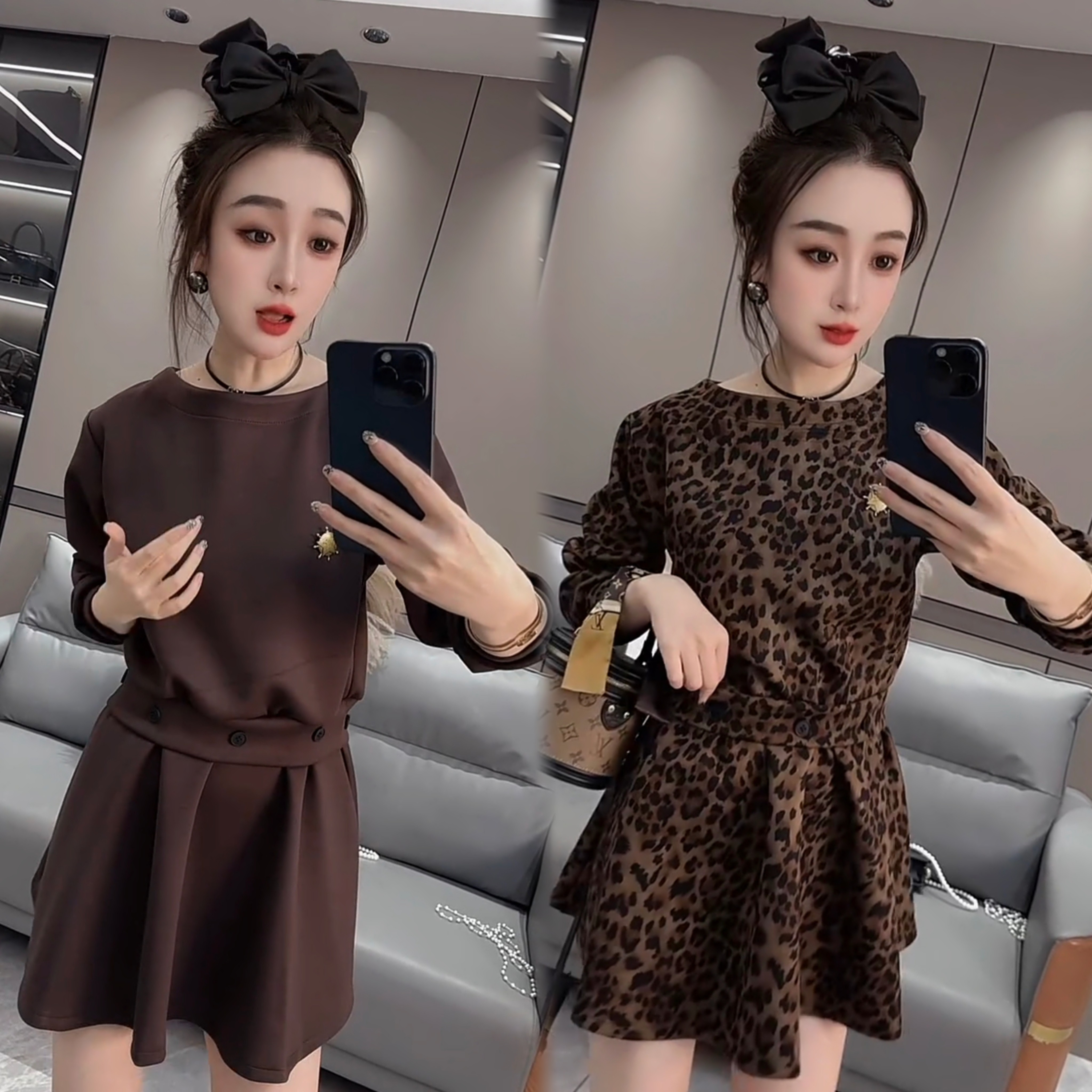 2025冬季新款极简风圆领纯色连衣裙女收腰显瘦中长款时尚减龄裙潮