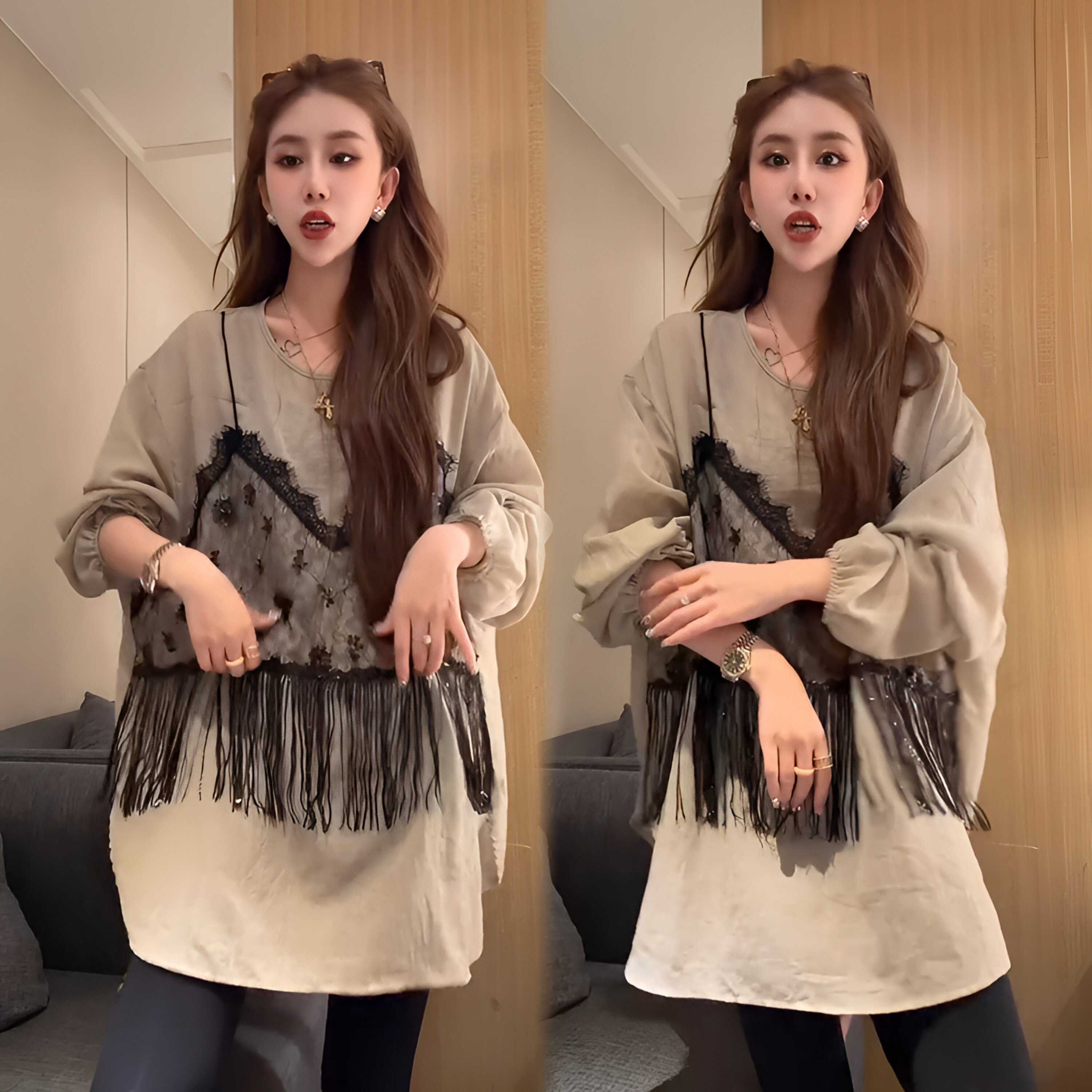 2026春季新款设计感蕾丝拼接流苏宽松中长款长袖T恤女减龄显瘦潮