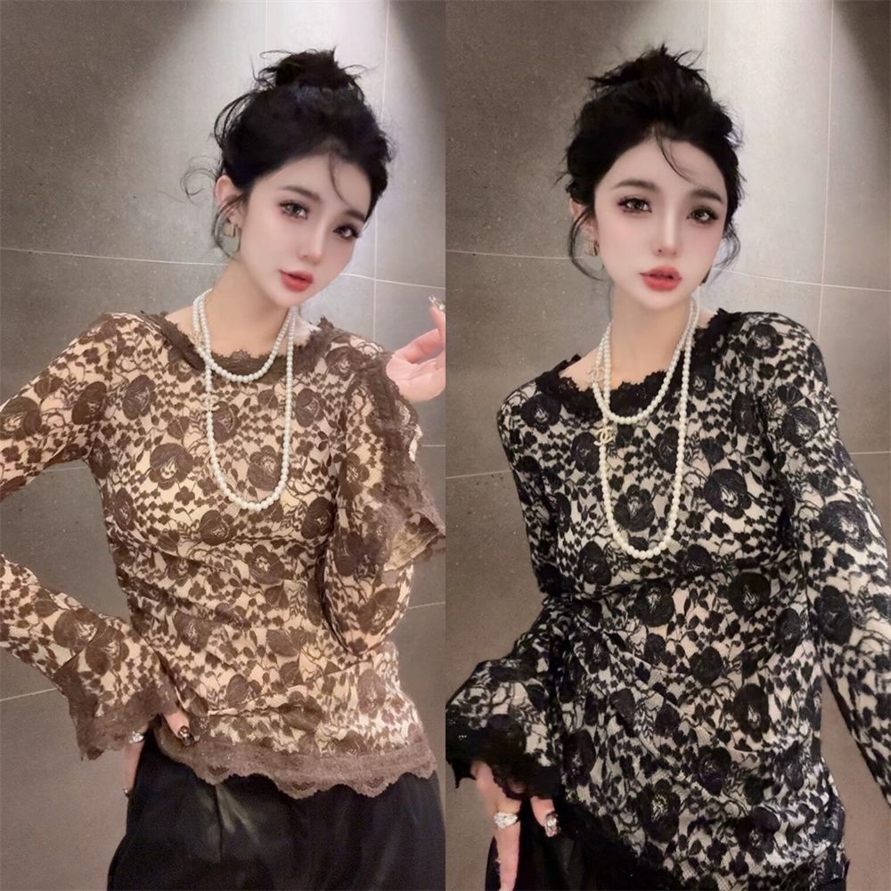 欧货爆款性感名媛风气质蕾丝打底衫遮肉显瘦洋气喇叭袖修身上衣
