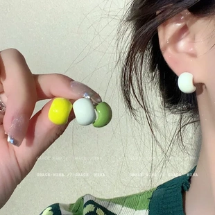 S925銀針輕奢小眾彩色糖豆耳釘女簡約百搭氣質小清新耳環網紅耳飾