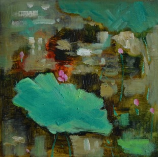 现代田园花卉简约一手绘原创荷花植物自制油画作品新中式装饰壁画