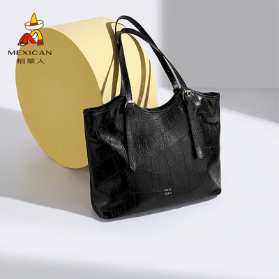 稻草人包包女士2025新款托特包大容量时尚通勤单肩包鳄鱼纹腋下包