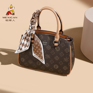 稻草人包包女2026新款老花手提包时尚通勤大容量妈妈包单肩斜挎包