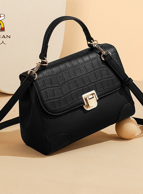 稻草人包包女士真皮黑色斜挎包女大容量通勤包牛皮小众百搭手提包