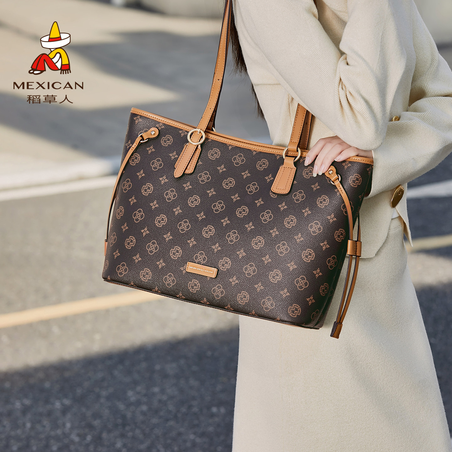 稻草人包包女式新款老花单肩包复古大容量托特包休闲百搭通勤女包