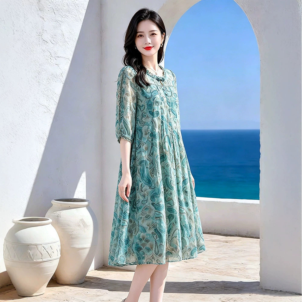 2026夏季新款雪纺碎花大码直筒宽松中袖连衣裙子凉爽胖休闲MM女装