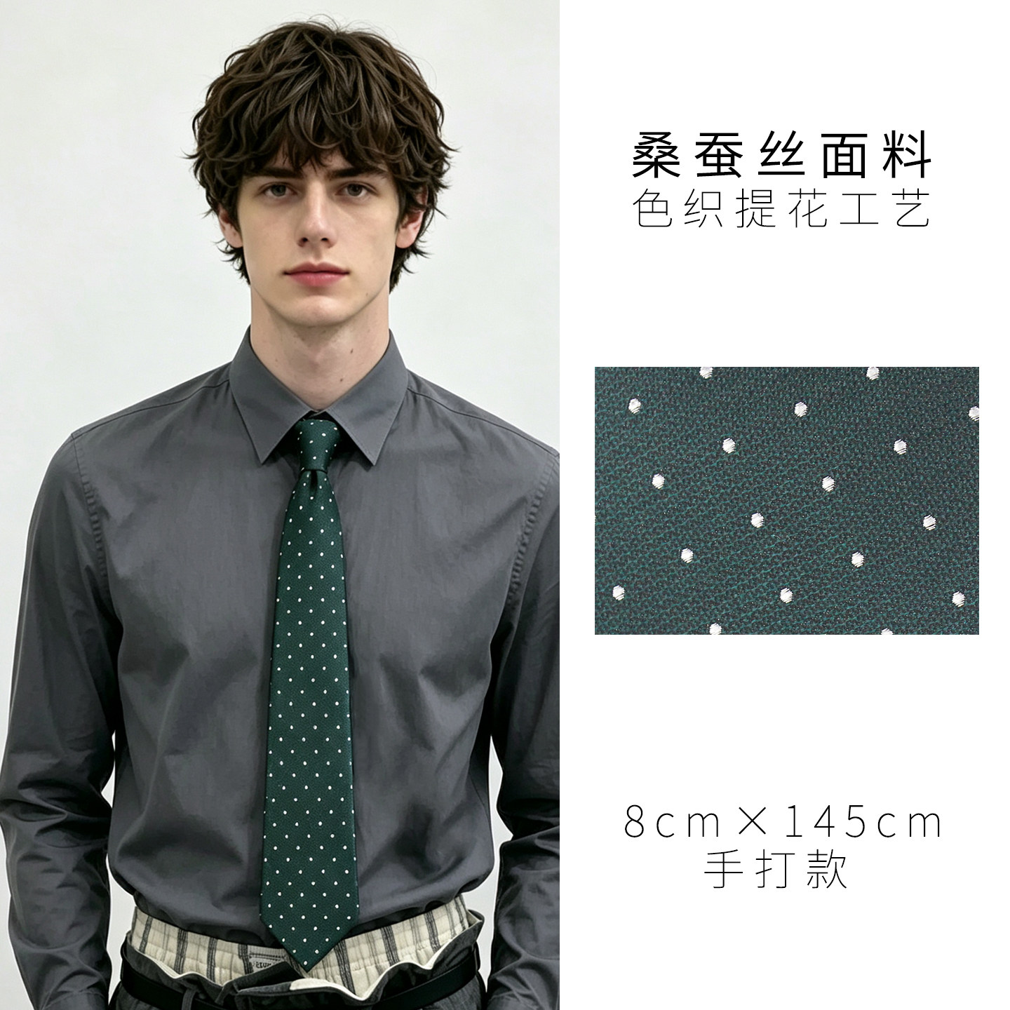 意式真丝男士领带口袋巾套装墨绿色波点桑蚕丝宽tie年轻商务正装