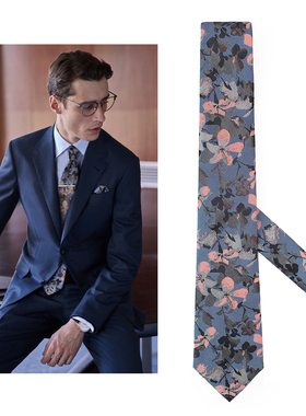 齐马蓝色.真丝领带男士美式复古男式西装tie蚕丝粉色花纹结婚商务
