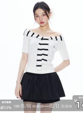 CODICE 夏季条纹拼接水手领设计感一字肩修身显瘦短袖打底上衣女