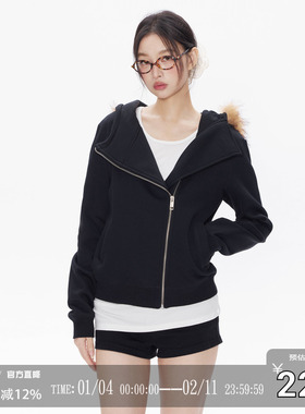 CODICE LAB 复古斜拉链可拆卸毛连帽套头卫衣开衫外套情侣上衣潮