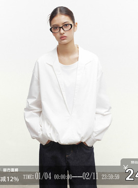 CODICE LAB 假两件翻领拼接深V衬衫上衣老钱夹克休闲百搭外套潮