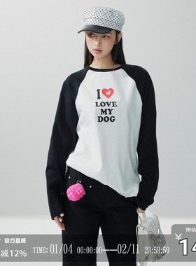 CODICE LAB 美式插肩红色撞色爱心印花套头长袖T恤女秋季显瘦上衣