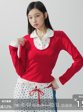 CODICE LAB 红色拼接波点衬衫针织假两件套装少女长袖百搭休闲女