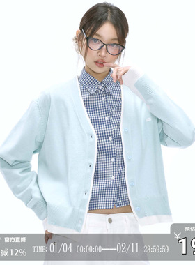 CODICE 25SS 湖水蓝V领针织毛衣拼色开衫春慵懒风女百搭上装外套