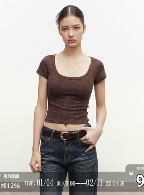 CODICE LAB 基础竹节纹U型领正肩短袖修身显瘦百搭质感打底上衣